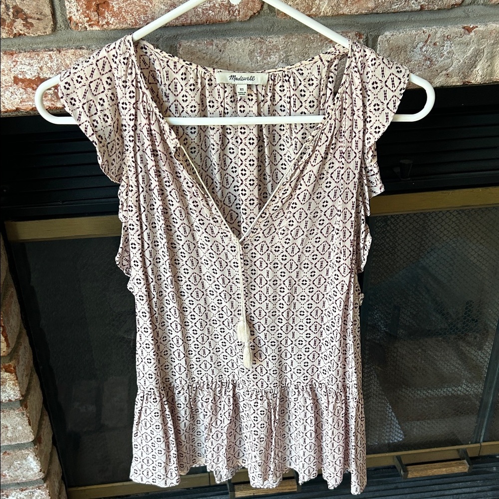 NWOT Madewell 100% Silk Lily Ruffle Top Echo Grid Combo Peplum Blouse Size XS